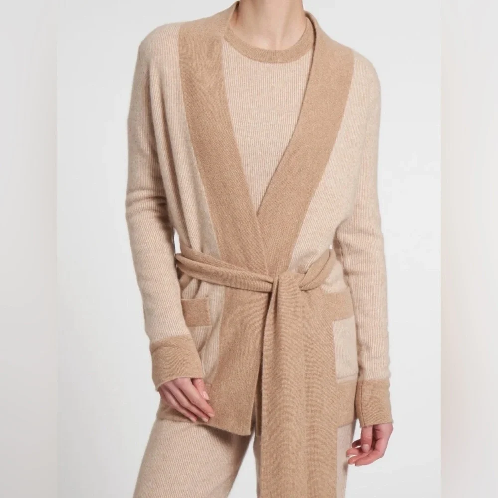 MADELEINE THOMPSON Calla 100% Cashmere Two-Tone, Tan, Long Open Cardigan, Large
